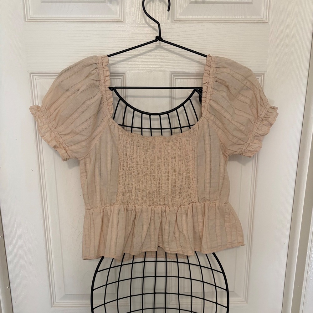 Urban Romantics Beige Cotton Puff Sleeve Peplum Corset Style Top Milkmaid Sz S - Picture 3 of 6